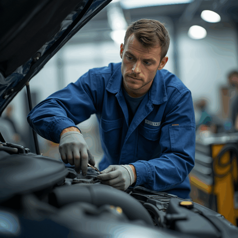 Automotive technician performing vehicle diagnostics in a modern repair shop