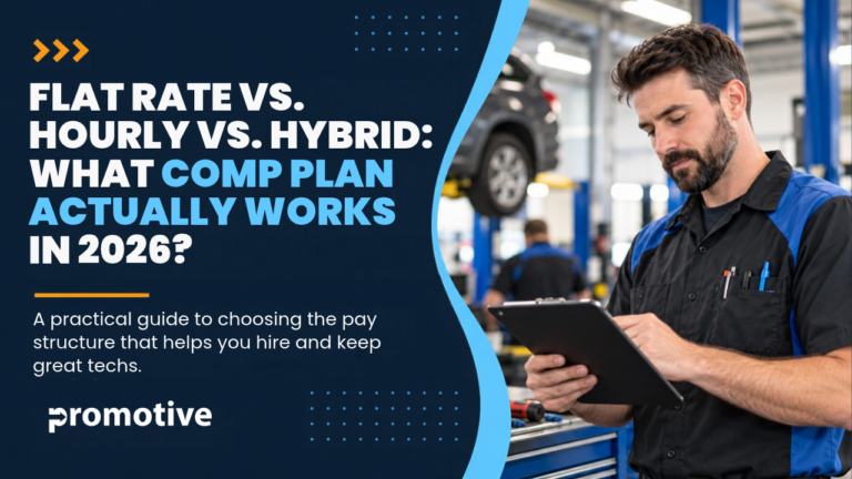 Shop owner comparing flat rate vs hourly mechanic pay plans with a technician in the service bay