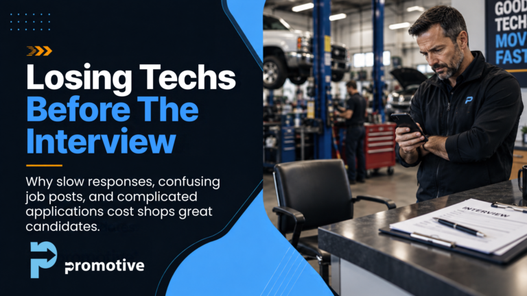 Auto shop owner reviewing technician applications on a phone, the step where shops start losing techs before the interview