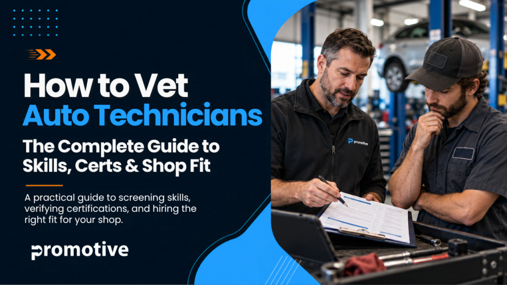 Shop owner reviewing a technician scorecard at a service bay while learning how to vet auto technicians