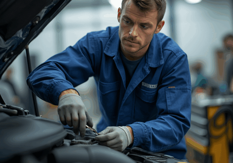 Automotive technician performing vehicle diagnostics in a modern repair shop