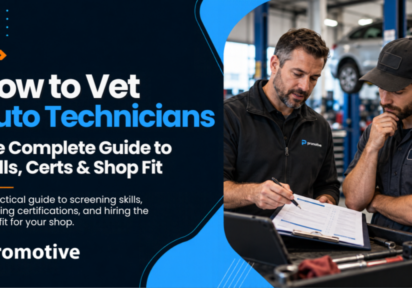Shop owner reviewing a technician scorecard at a service bay while learning how to vet auto technicians