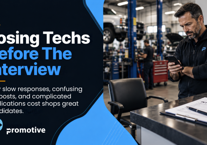 Auto shop owner reviewing technician applications on a phone, the step where shops start losing techs before the interview