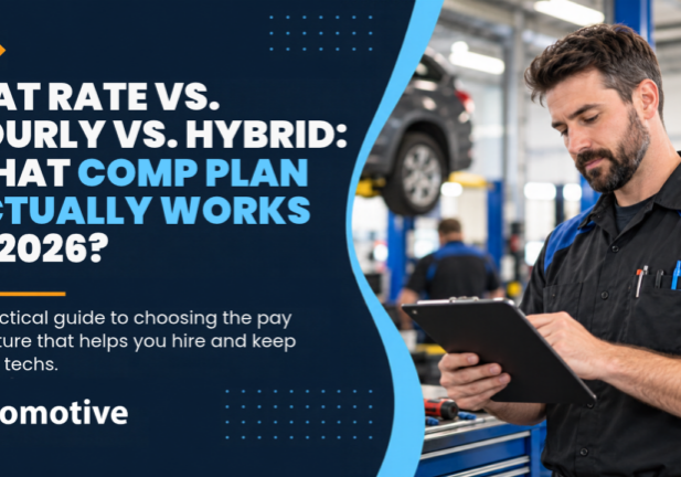Shop owner comparing flat rate vs hourly mechanic pay plans with a technician in the service bay